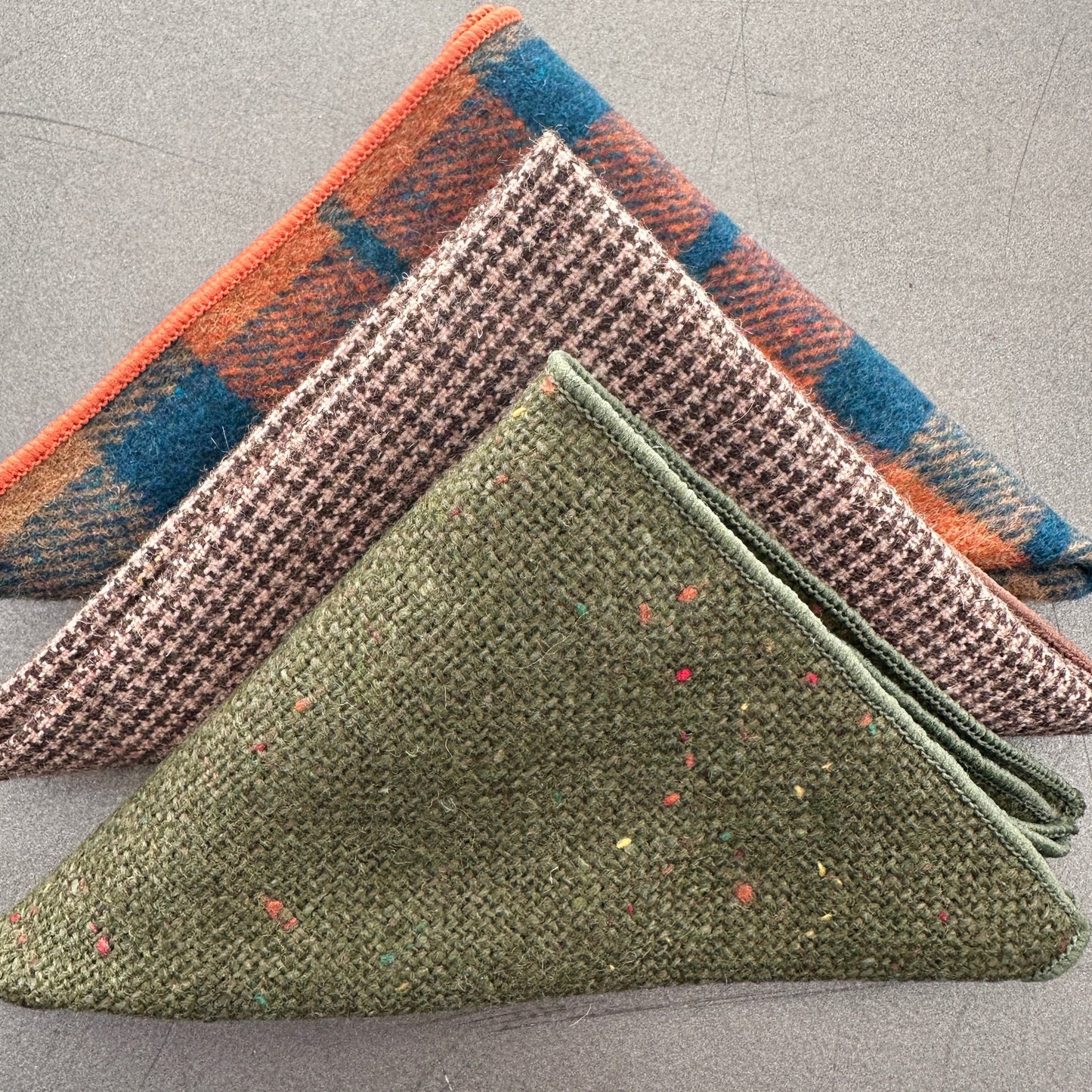 A set of three high quality wool mens handkerchiefs for gifts or EDC hanks for every day carry.