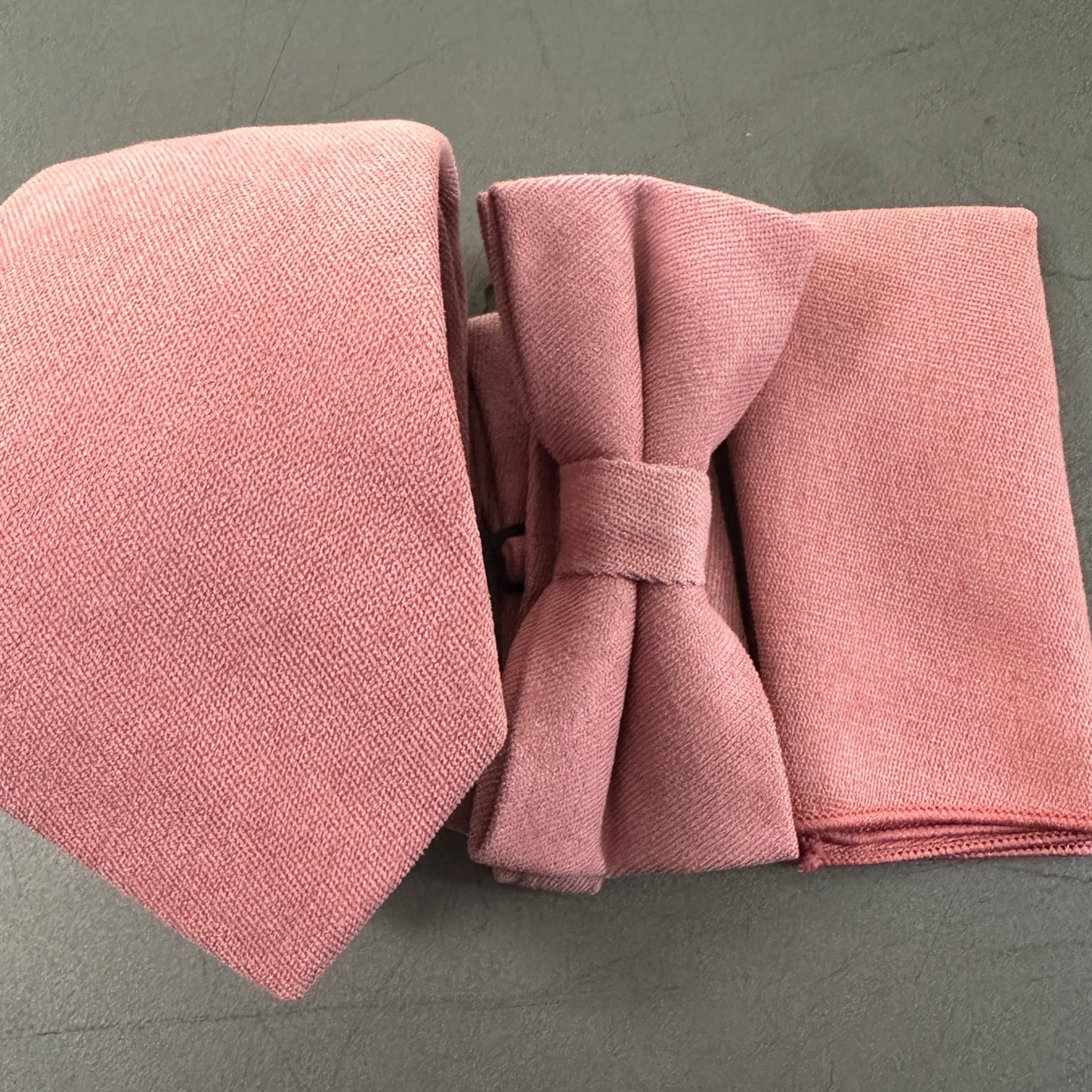 The Peony: Dusky Rose Pink Wedding Tie, Bow Tie & Pocket Square Set for Men, Women & Kids