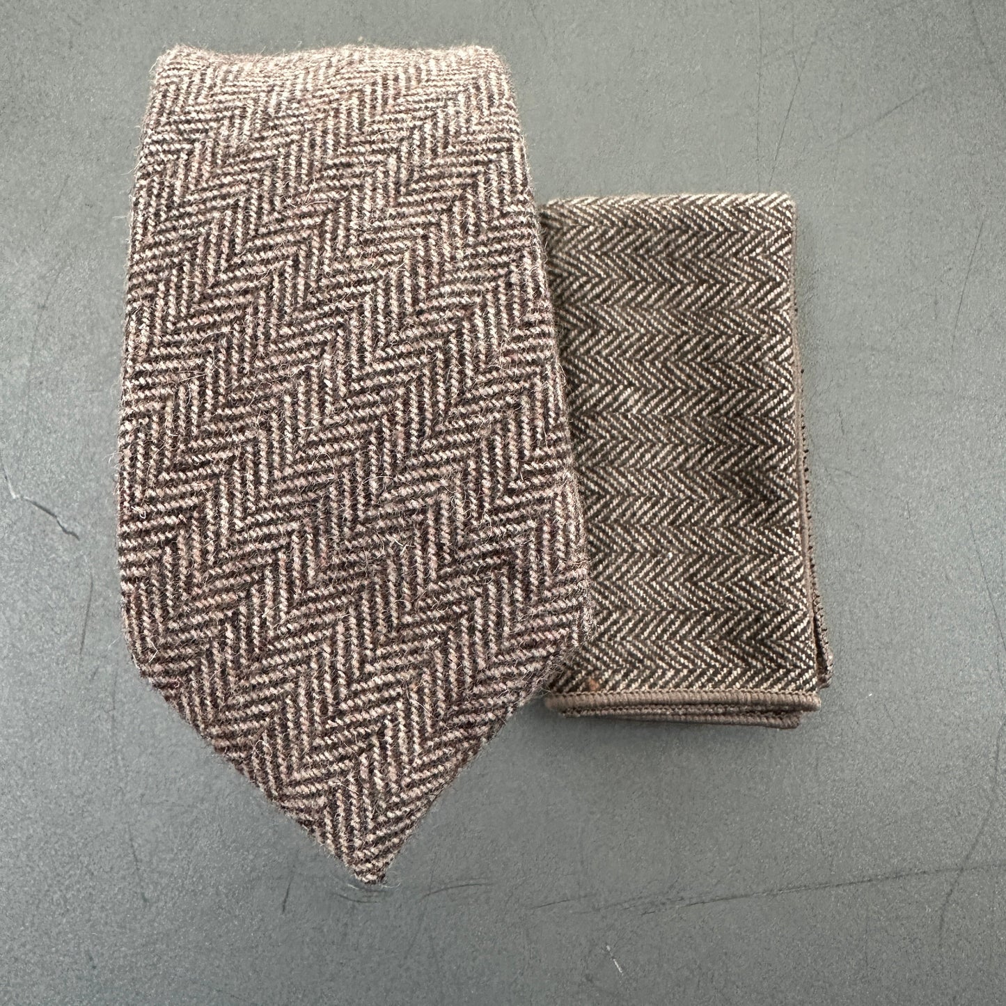 Men's brown herringbone patterned wool bow tie, The Mangrove, part of a matching tie and pocket square set.