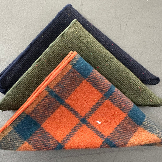 A set of three EDC Hanks for men. These pocket squares come in orange, green and navy and are ideal for mens gifts and groomsmen gifts.  They make ideal EDC Hanks.