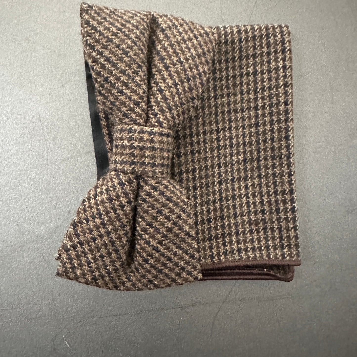 A brown check wool bow tie and pocket square set. Ideal for mens gifts and comes with free gift wrap.