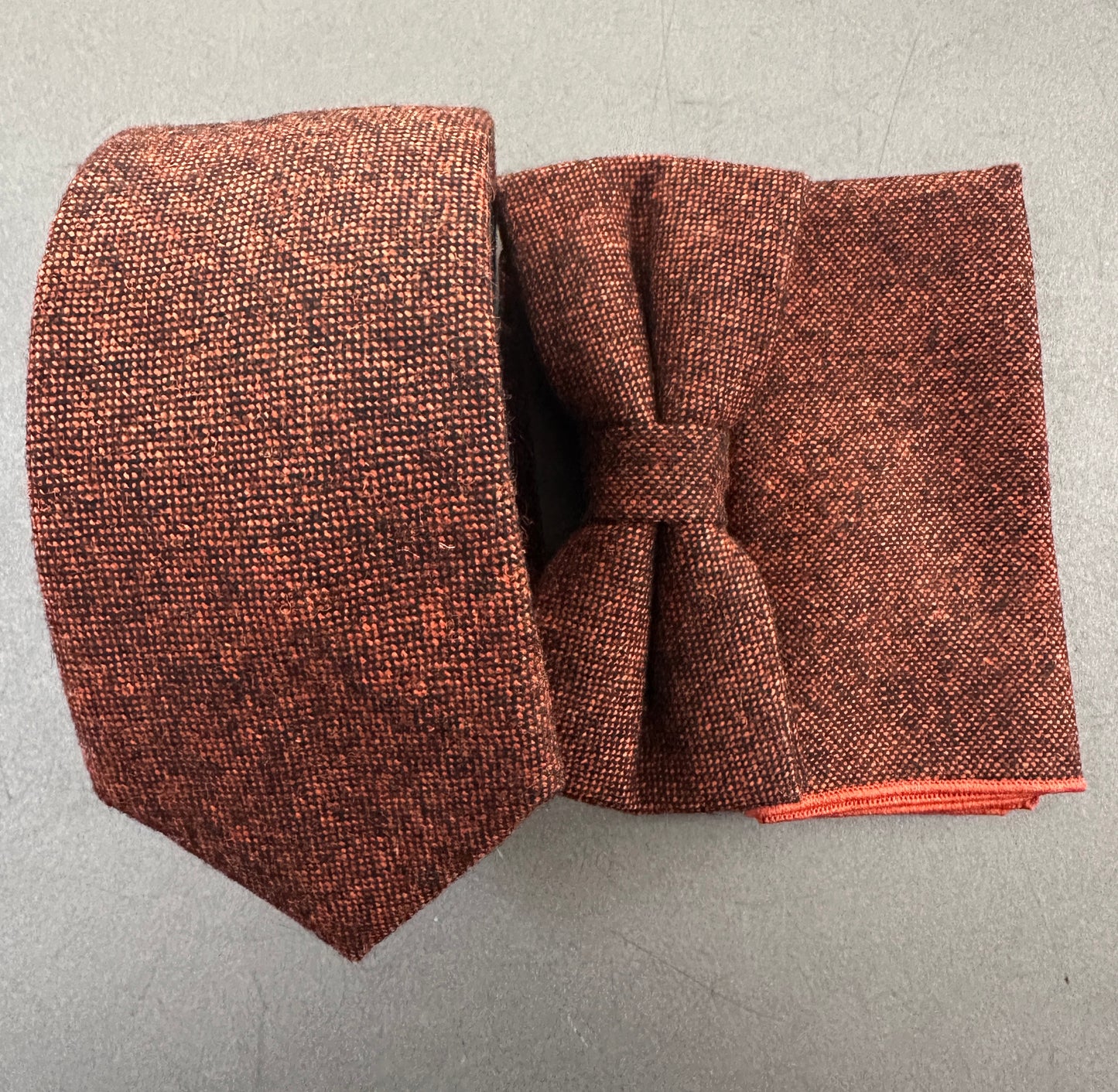 Orange Wool Tie, Bow Tie & Pocket Square Set | Men's Wedding & Formal Wear | Valentine's Gift for Men | Skinny, Classic & Wide