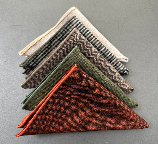 A set of five wool pocket squares for mens gifts and groomsmen gifts. These make excellent EDC hanks for everyday carry.