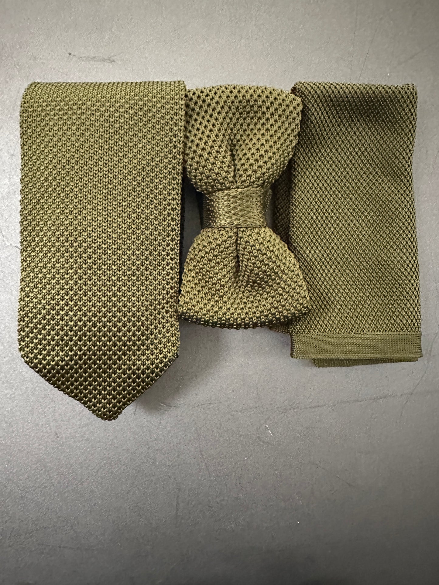 Olive: Knitted Tie, Green Knitted Tie, Pocket Square, Tie Set, Men's Ties, Wedding Ties