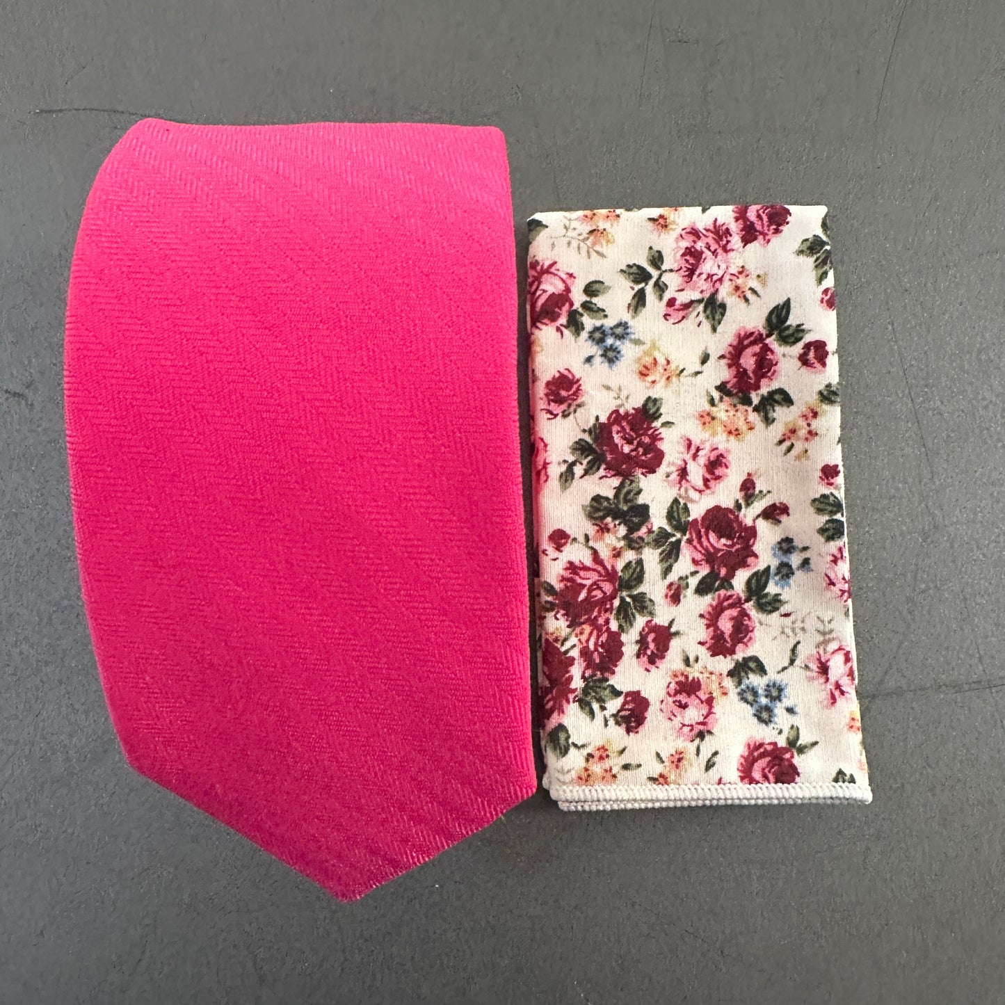 A hot pink tie and rose pink pocket square for men ideal for shocking pink wedding ties.