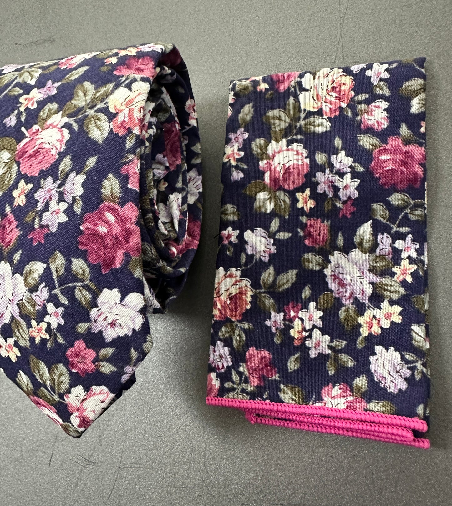 Men's blue floral tie and pocket square – perfect for wedding guests.