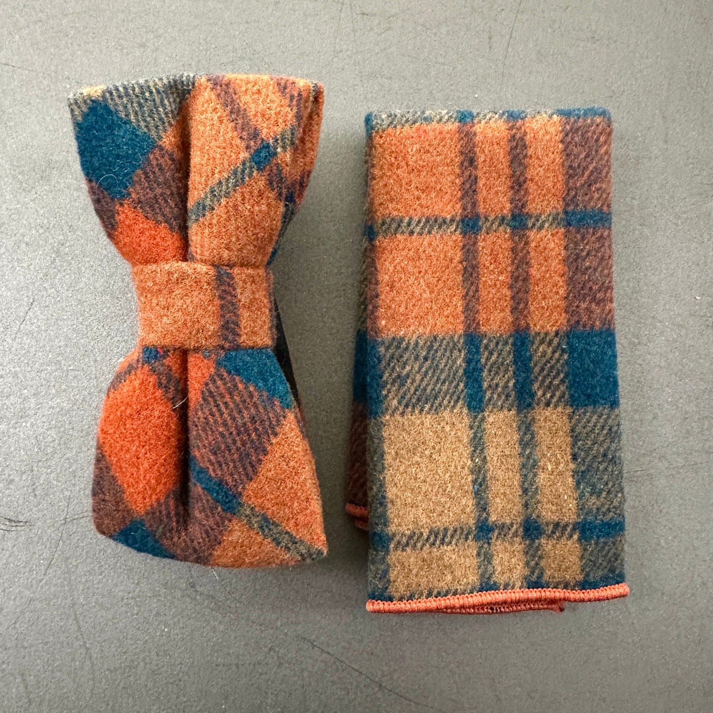 Burnt orange bow tie and pocket square set for men's gifts. The pocket square doubles as an ideal EDC hanky for everyday carry.
