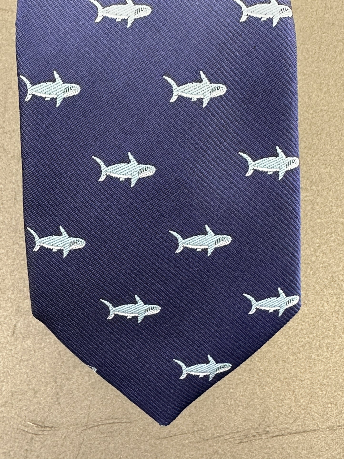 Men's 6cm royal blue skinny tie with shark print – great gift idea.