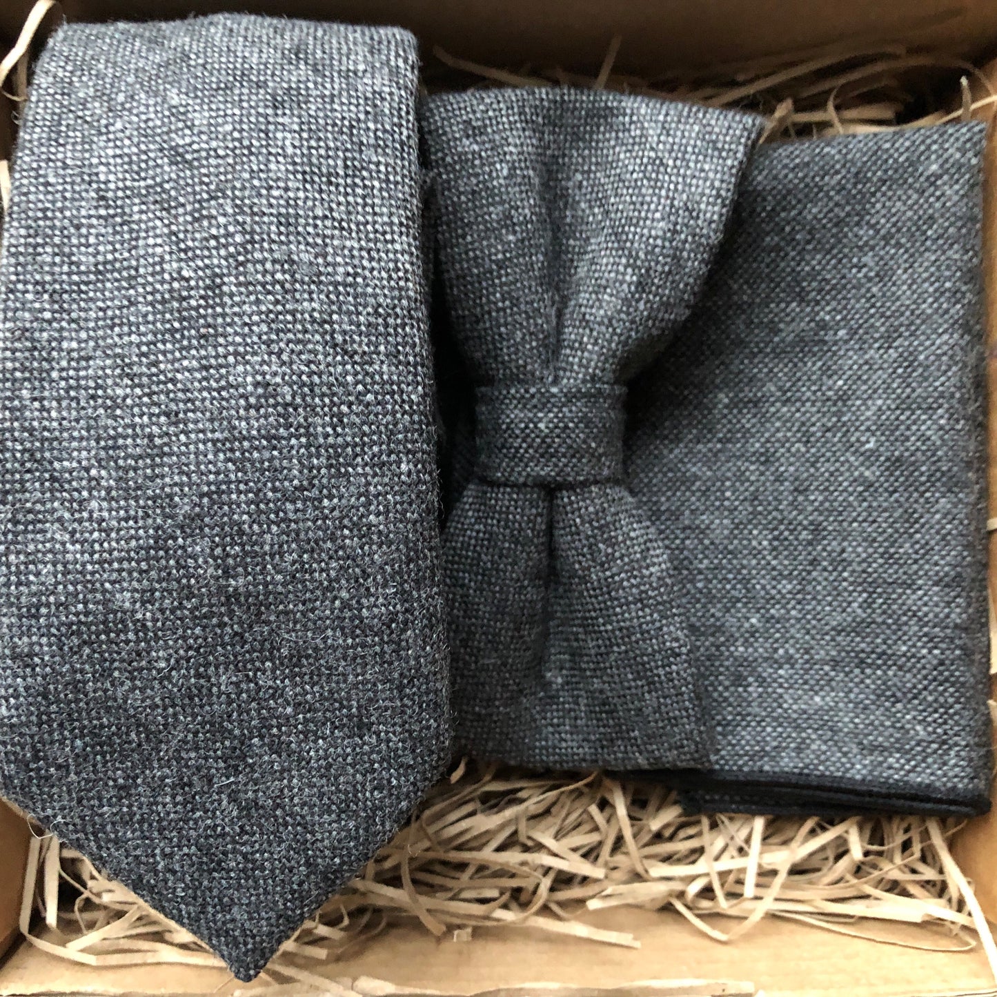 Men's grey tie, bow tie and pocket square. Perfect men's gift that comes gift wrapped for groomsmen, husbands, boyfriends. Handmade by Daisy and Oak Studio, UK
