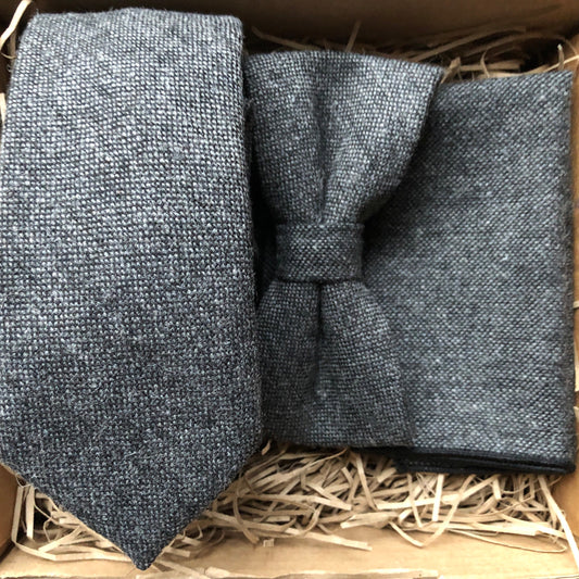Men's grey tie, bow tie and pocket square. Perfect men's gift that comes gift wrapped for groomsmen, husbands, boyfriends. Handmade by Daisy and Oak Studio, UK
