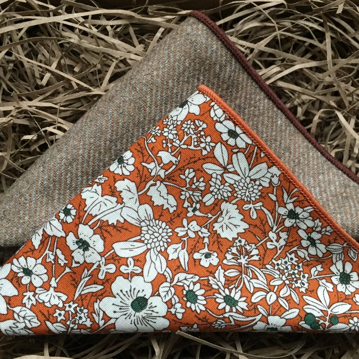 A man's gift set comprising two pocket squares which are beautifully gift wrapped and make ideal men's gifts. The handkerchiefs are hand made at Daisy and Oak Studio