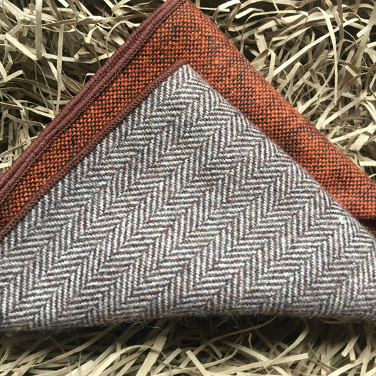 A set of men's wool pocket squares in burnt orange and brown. The set is Ideal for a wedding, groomsmen gifts, men’s gifts, secret Santa gifts, The tie set comes with free gift wrapping and is handmade in the Daisy and Oak Studio, UK