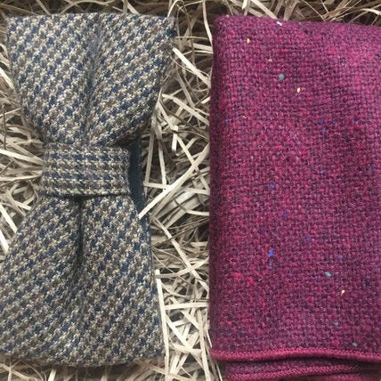 A brown check bow tie in wool matched with a burgundy red wool pocket square. The tie set comes with free gift wrapping and is handmade in the Daisy and Oak Studio, UK