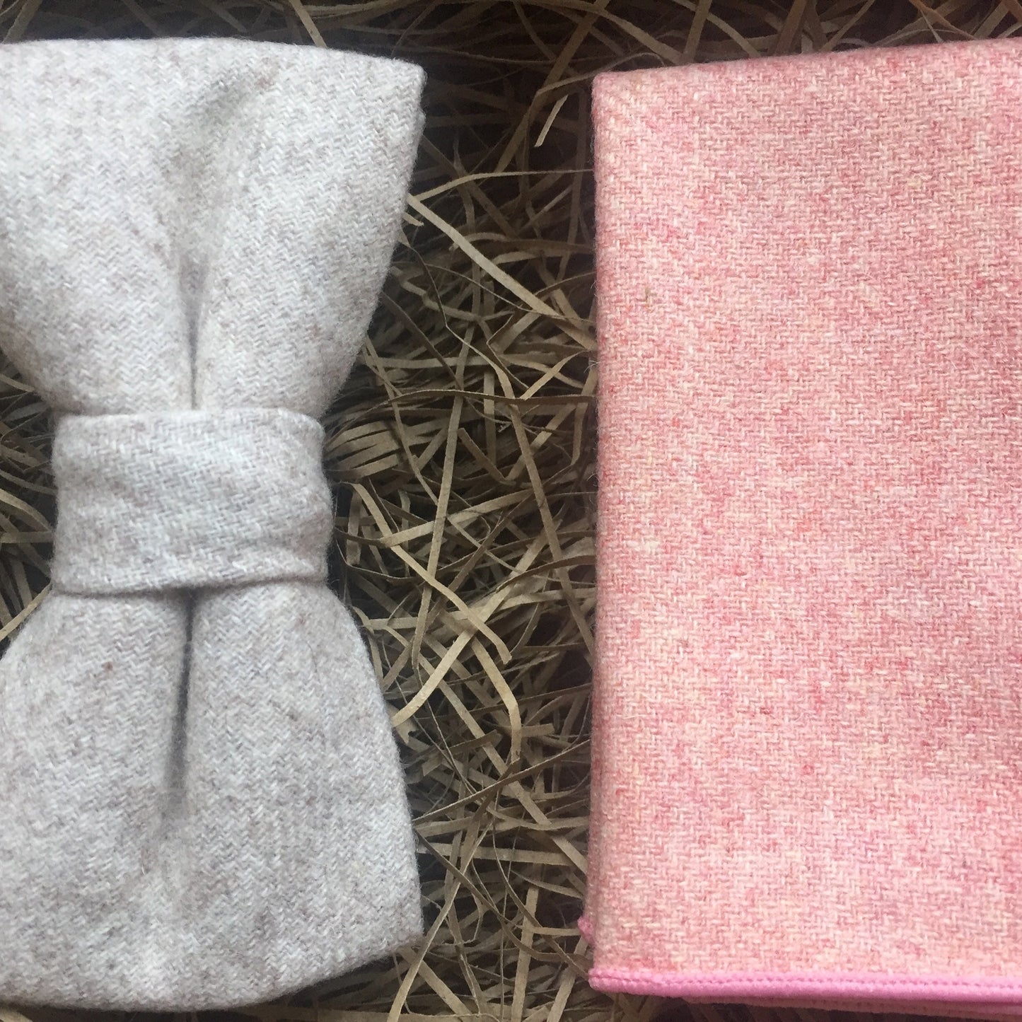 A cream wool bow tie and blush pink wool pocket square. Ideal as men's wedding attire for men, men's gifts and groomsmen gifts. The set comes gift wrapped and is perfect for a men's Christmas present. BY Daisy and Oak STudio.