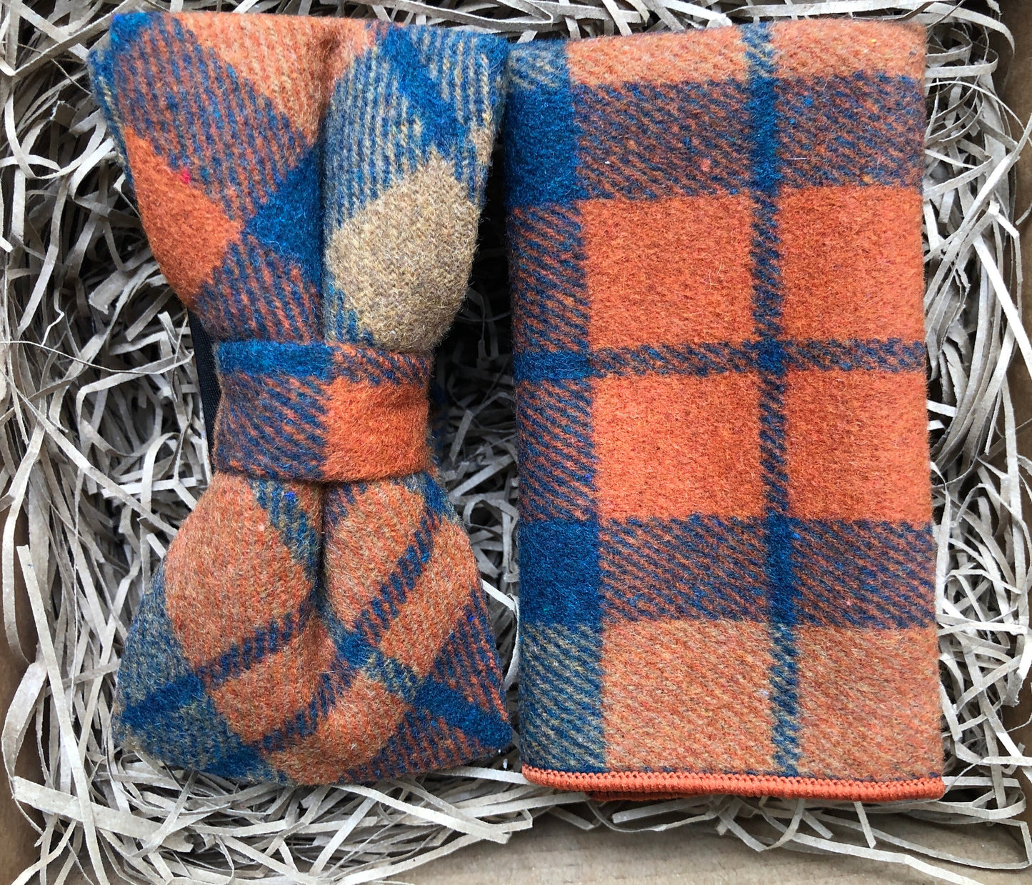 The Heliotrope: Burnt Orange Bow Tie, Bow Ties for Men, Check Wool Bow Tie, Tartan Tie, Plaid Bow Tie and Handkerchief, Groomsmen Gifts