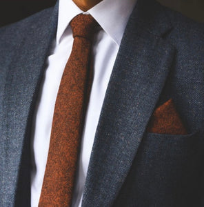 Burnt orange wedding tie with pocket square in wool