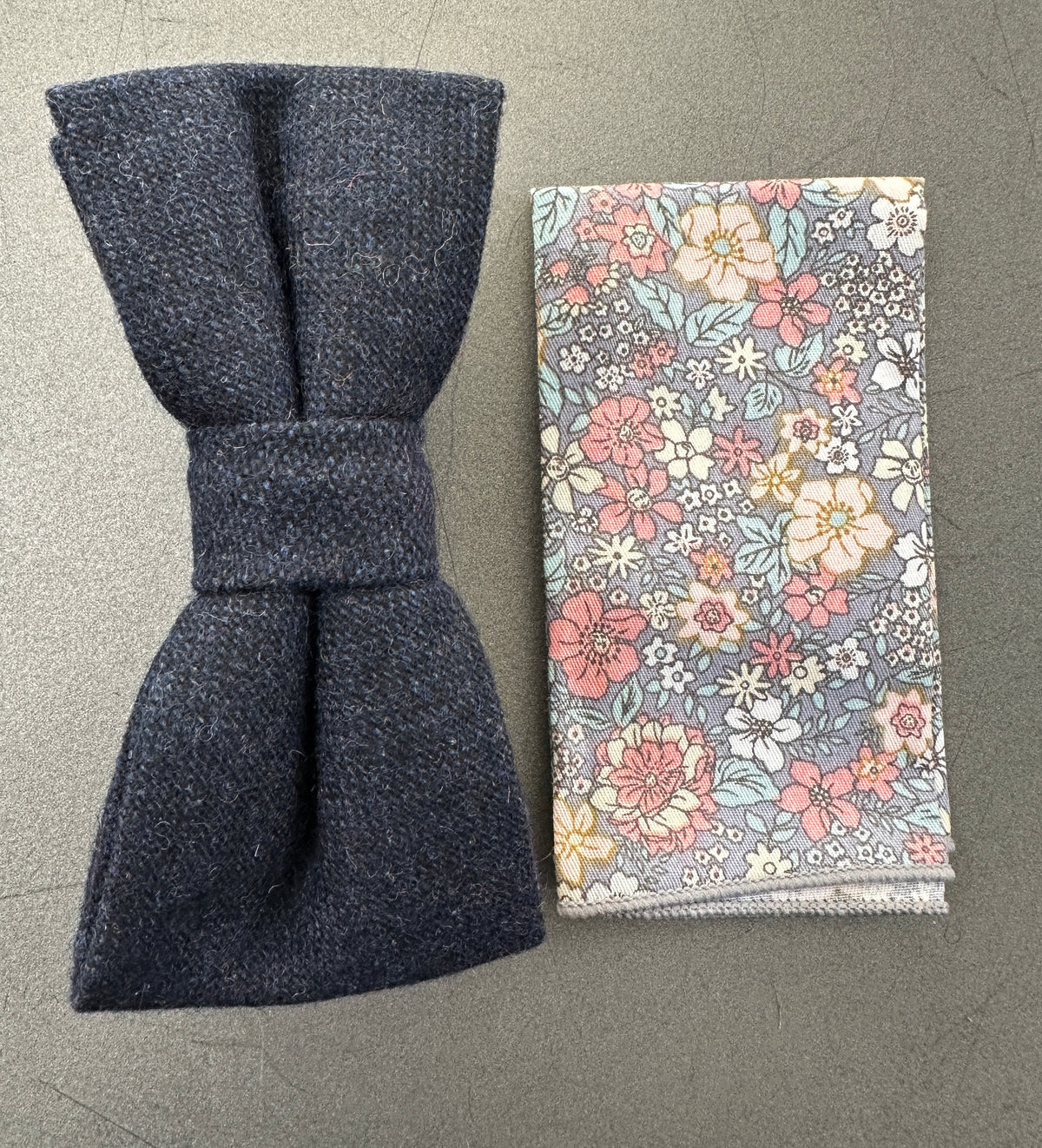 Bellflower Navy Wool Tie, Bow Tie & Floral Pocket Square Set