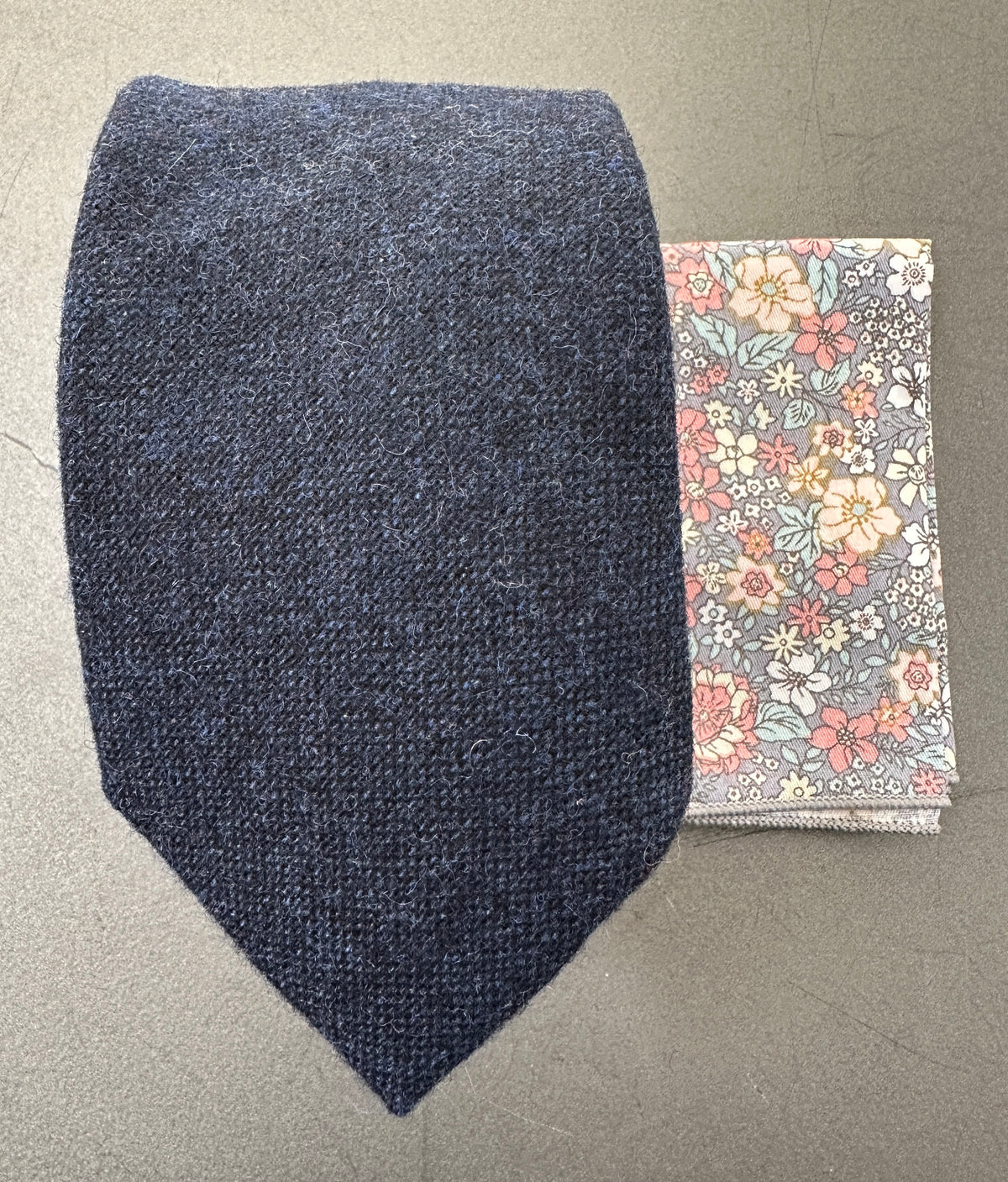 Bellflower Navy Wool Tie, Bow Tie & Floral Pocket Square Set