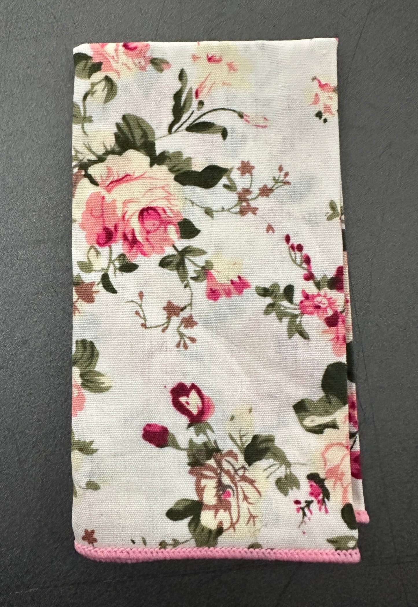 A blush pink rose pocket square set for weddings. The set is made in cotton and is on a cream background. Ideal EDC Hank.
