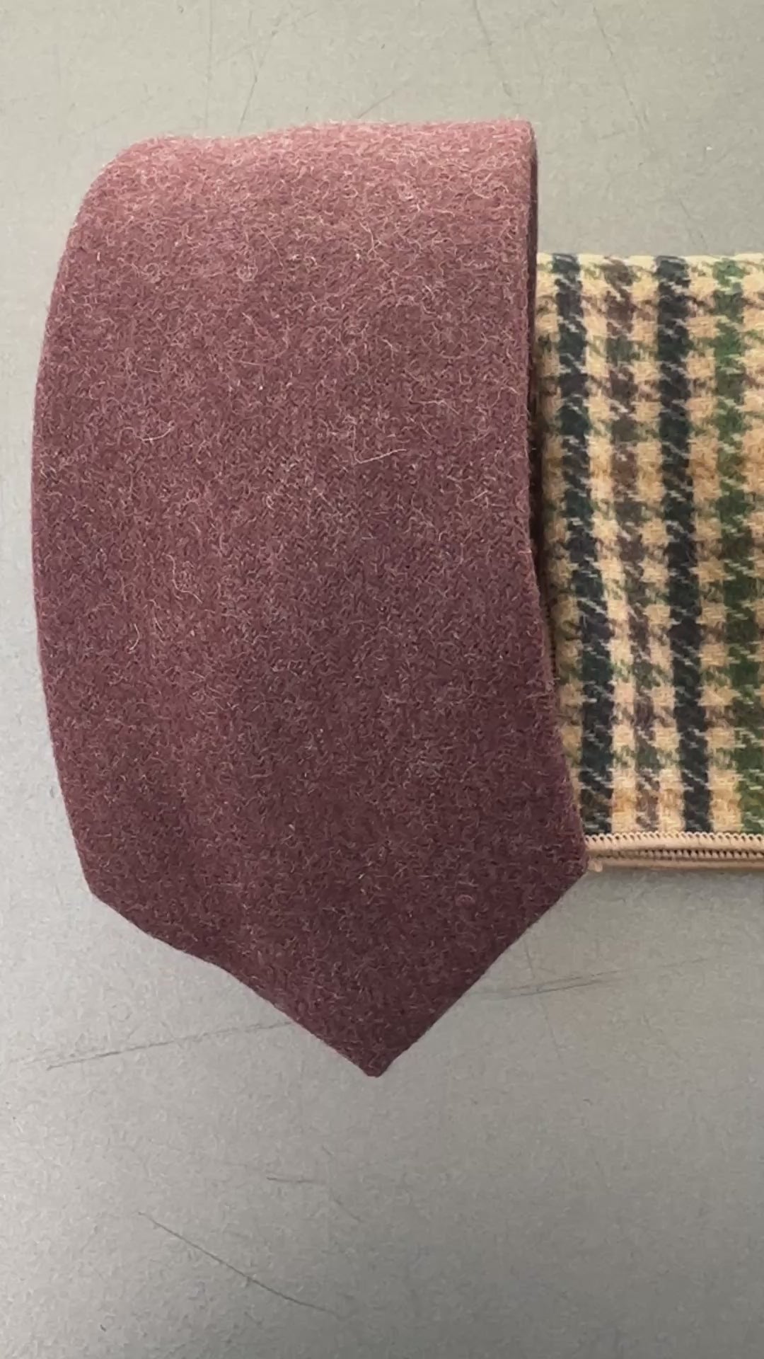 Stylish brown wool tie and check pocket square for groomsmen.