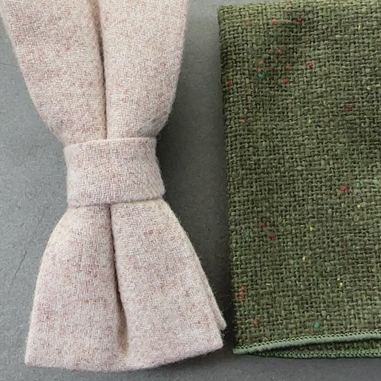 A cream wool bow tie and green pocket square for mens gifts
