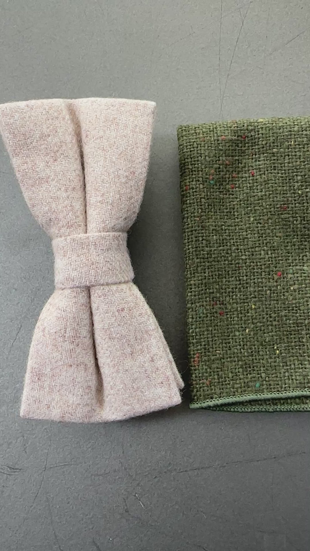 A cream wool bow tie and green pocket square for mens gifts