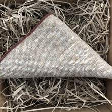 Load image into Gallery viewer, A men&#39;s beige wool pocket square which matches perfectly to our men&#39;s neckties. The handkerchief comes with free gift wrapping and makes an ideal Christmas gift for men.