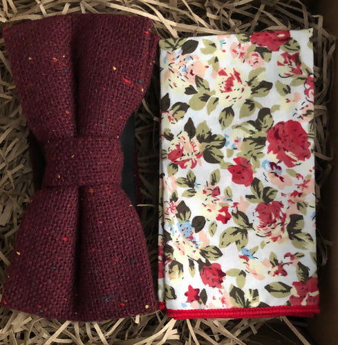 Men's red bow tie and pocket square set. The bow tie is made of high quality flecked wool and the pocket square is in a floral pink rose patter. The set makes a perfect grooms tie, groomsmen gift or men's gift and comes with free gift wrapping. The ties are handmade by Daisy and Oak Studio