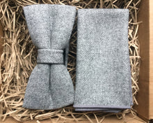 Load image into Gallery viewer, A grey mans wool bow tie and pocket square set. Ideal as a wedding tie and as a groomsman gift, groom&#39;s gift or a Christmas gift for men.
