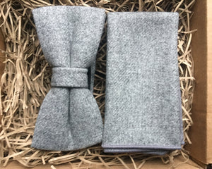 A grey mans wool bow tie and pocket square set. Ideal as a wedding tie and as a groomsman gift, groom's gift or a Christmas gift for men.