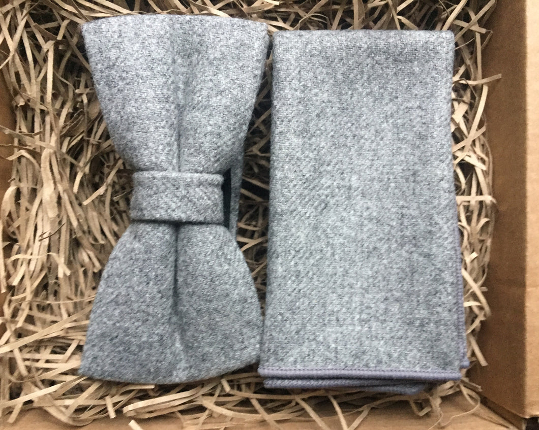 A grey mans wool bow tie and pocket square set. Ideal as a wedding tie and as a groomsman gift, groom's gift or a Christmas gift for men.