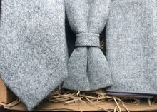 Load image into Gallery viewer, Amazing light grey tweed wool tie, bow tie and pocket square. Ideal as a men&#39;s gift and comes gift wrapped by Daisy and Oak Studio.