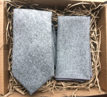 Load image into Gallery viewer, Daisy and Oak studio A grey wool tie and pocket square set. The set is gift wrapped and so is an ideal christmas gift for men, groomsman gift or secret santa gift.