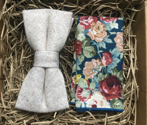 Men's cream wool bow tie and floral pocket square, This bow tie set is gift wrapped and ideal as a men's gifts, wedding bow ties and husbands and boyfriend gifts. THe set is highly original and soecial and is made at the Daisy and Oak Studio, UK.