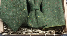 Load image into Gallery viewer, A close up photo of a green tweed tie , bow tie and pocket square set perfect for weddings, as groom gifts and groomsmen gifts. The set comes gift wrapped and is handmade by Daisy and Oak Studio.