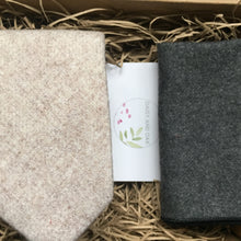 Load image into Gallery viewer, A man&#39;t tie in cream wool with a grey pocket square handkerchief. The set is ideal as a gift for men as it comes with free gift wrapping. The set makes a perfect wedding tie or gifts for groomsmen by Daisy and Oak Studio.