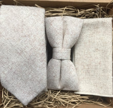 Load image into Gallery viewer, Men&#39;s cream and ivory wool tie, pocket square, perfect as wedding attire. The set includesa cream/ivory tie, bow tie and pocket square set which comes with free gift wrapping. Handmade by Daisy and Oak Studio.