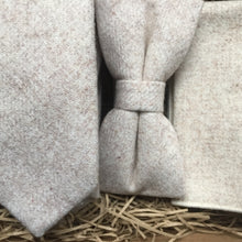 Load image into Gallery viewer, Men&#39;s cream and ivory wool tie, pocket square, perfect as wedding attire. The set includesa cream/ivory tie, bow tie and pocket square set which comes with free gift wrapping. Handmade by Daisy and Oak Studio.