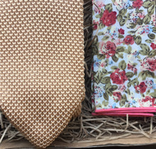 Load image into Gallery viewer, Safflower &amp; Amaryllis: Knitted Tie, Champagne, Floral Pocket Square, Wedding Ties
