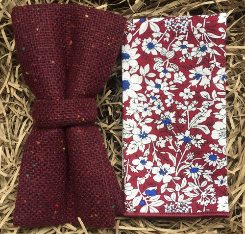 A burgundy red men's bow tie and cotton floral pocket square ideal for weddings and formal events. The set includes free gift wrapping and is handmade at the Daisy and Oak Studio