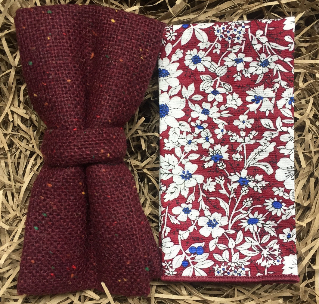 A burgundy red men's bow tie and cotton floral pocket square ideal for weddings and formal events. The set includes free gift wrapping and is handmade at the Daisy and Oak Studio