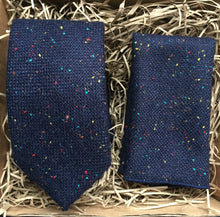 Load image into Gallery viewer, A man&#39;s navy, flecket tie and pocket square ideal for weddings. as a formal tie and as a man&#39;s gift. The tie set comes with free gift wrapping and is handmade at Daisy and Oak Studio. 