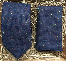Load image into Gallery viewer, A man&#39;s navy, flecket tie and pocket square ideal for weddings. as a formal tie and as a man&#39;s gift. The tie set comes with free gift wrapping and is handmade at Daisy and Oak Studio.