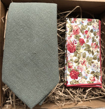 Load image into Gallery viewer, A sage green men&#39;s tie and pink floral pocket square. This tie is an ideal grooms tie, men&#39;s gift, groomsmen tie.  
