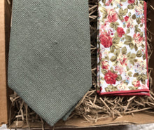 Load image into Gallery viewer, A sage green men&#39;s tie and pink floral pocket square. This tie is an ideal grooms tie, men&#39;s gift, groomsmen tie.