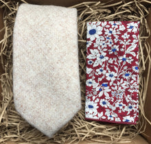 Load image into Gallery viewer, A cream wool men&#39;s tie and red floral pocket square handkerchief. Ideal as men&#39;s wedding attire for men, men&#39;s gifts and groomsmen gifts. The set comes gift wrapped and is perfect for a men&#39;s Christmas present. By Daisy and Oak Studio.