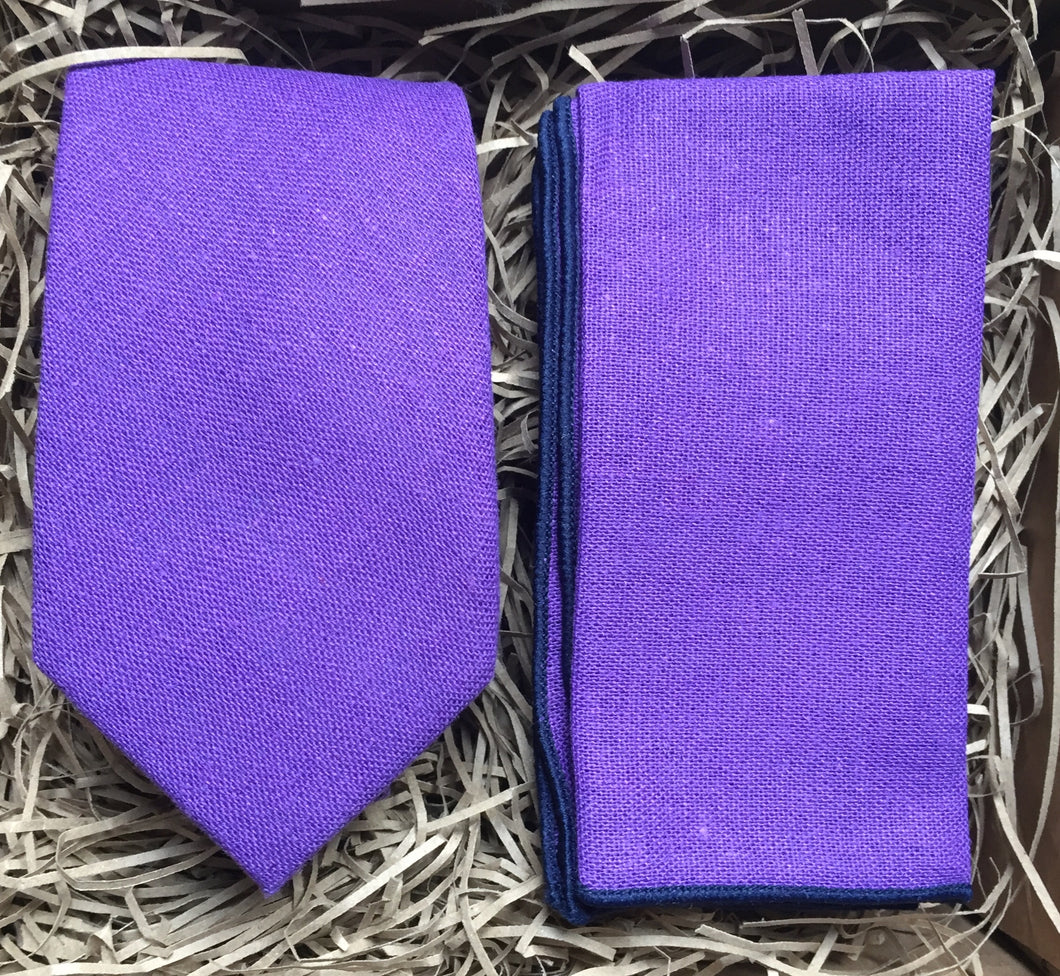Purple men's cotton tie in a Cadbury shade. The ties are ggift wrapped we offer free shipping. Handmade by Daisy and Oak Studio.