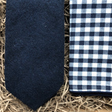 Load image into Gallery viewer, Bellflower: Necktie, Men&#39;s Navy  Neck Tie, Tie Set, Wool, Pocket Square, Checked, Men&#39;s Gifts