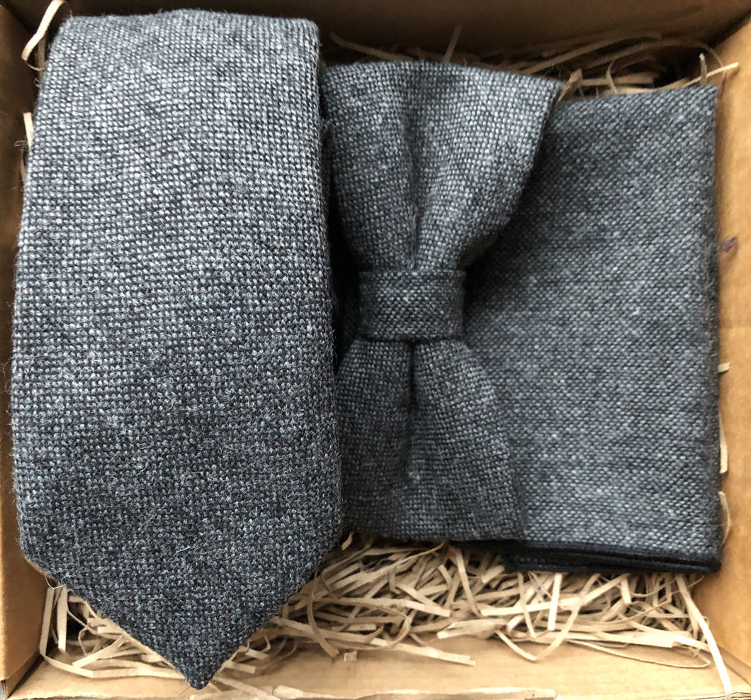 Men's grey tie, bow tie and pocket square. Perfect men's gift that comes gift wrapped for groomsmen, husbands, boyfriends. Handmade by Daisy and Oak Studio, UK