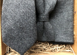 Men's grey tie, bow tie and pocket square. Perfect men's gift that comes gift wrapped for groomsmen, husbands, boyfriends. Handmade by Daisy and Oak Studio, UK